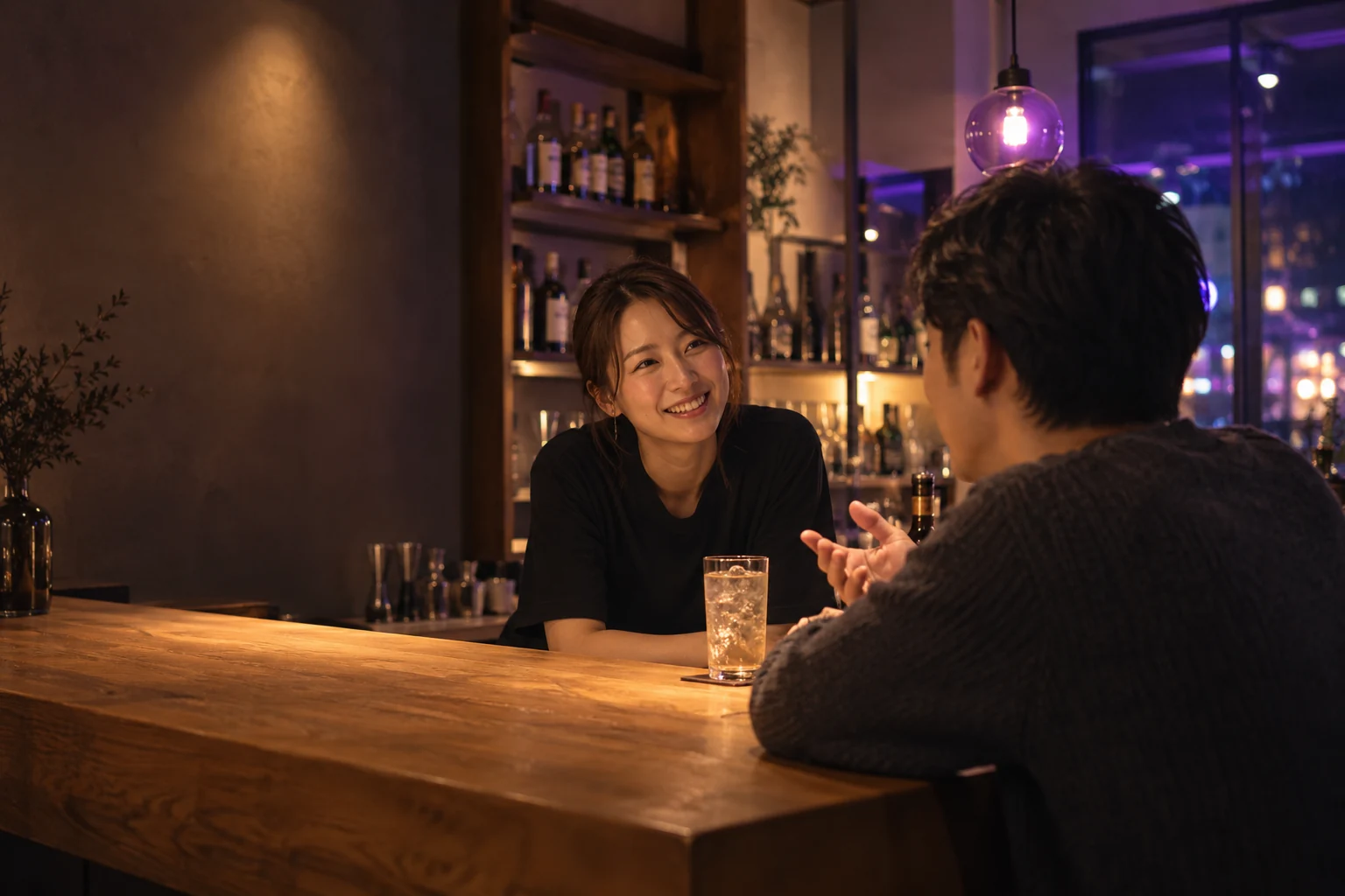 따뜻한 바 테이블에서 편안하게 대화하는 모습을 표현한 AI 이미지